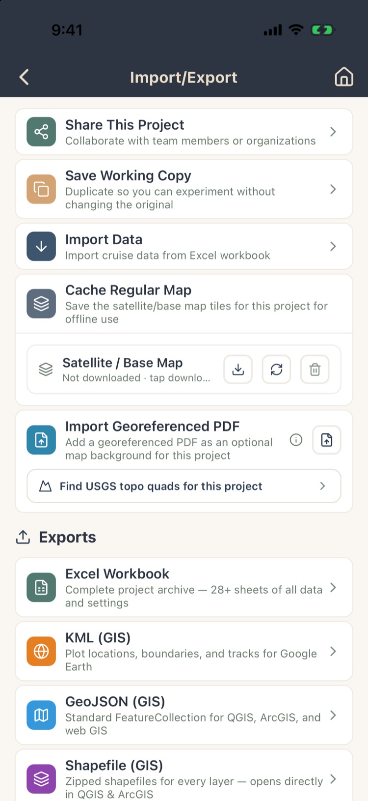 Import/Export screen with share, working copy, import data, cache map, georeferenced PDF, USGS quads and exports