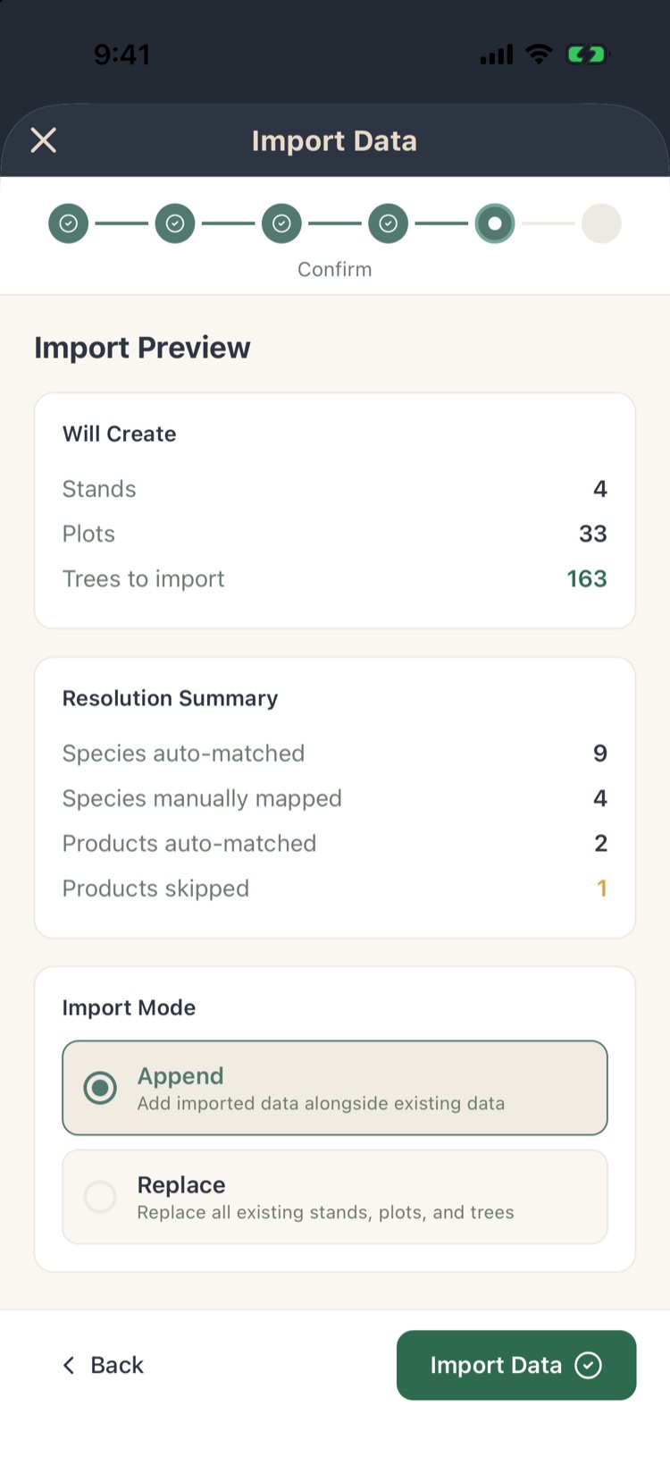 Import Preview: 4 stands, 33 plots, 163 trees to import, resolution summary, and Append or Replace