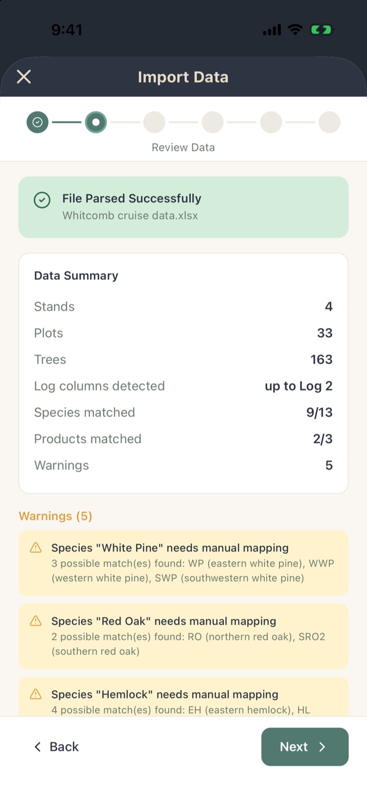 File Parsed Successfully: 4 stands, 33 plots, 163 trees, logs up to Log 2, 9 of 13 species and 2 of 3 products matched, 5 warnings