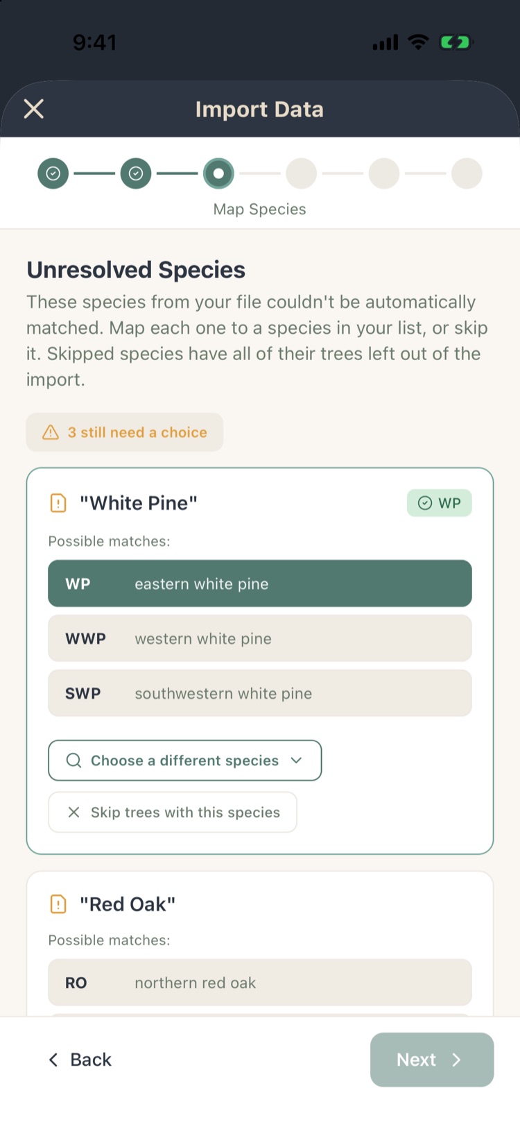 Unresolved Species: White Pine matched to WP eastern white pine, with other possible matches, a species search and Skip