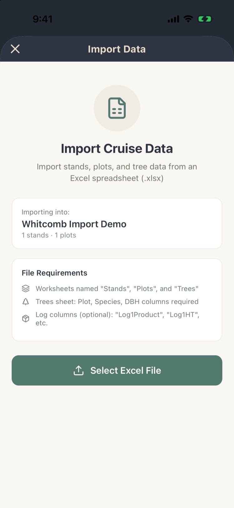 Import Cruise Data first step: importing into Whitcomb Import Demo, with the file requirements
