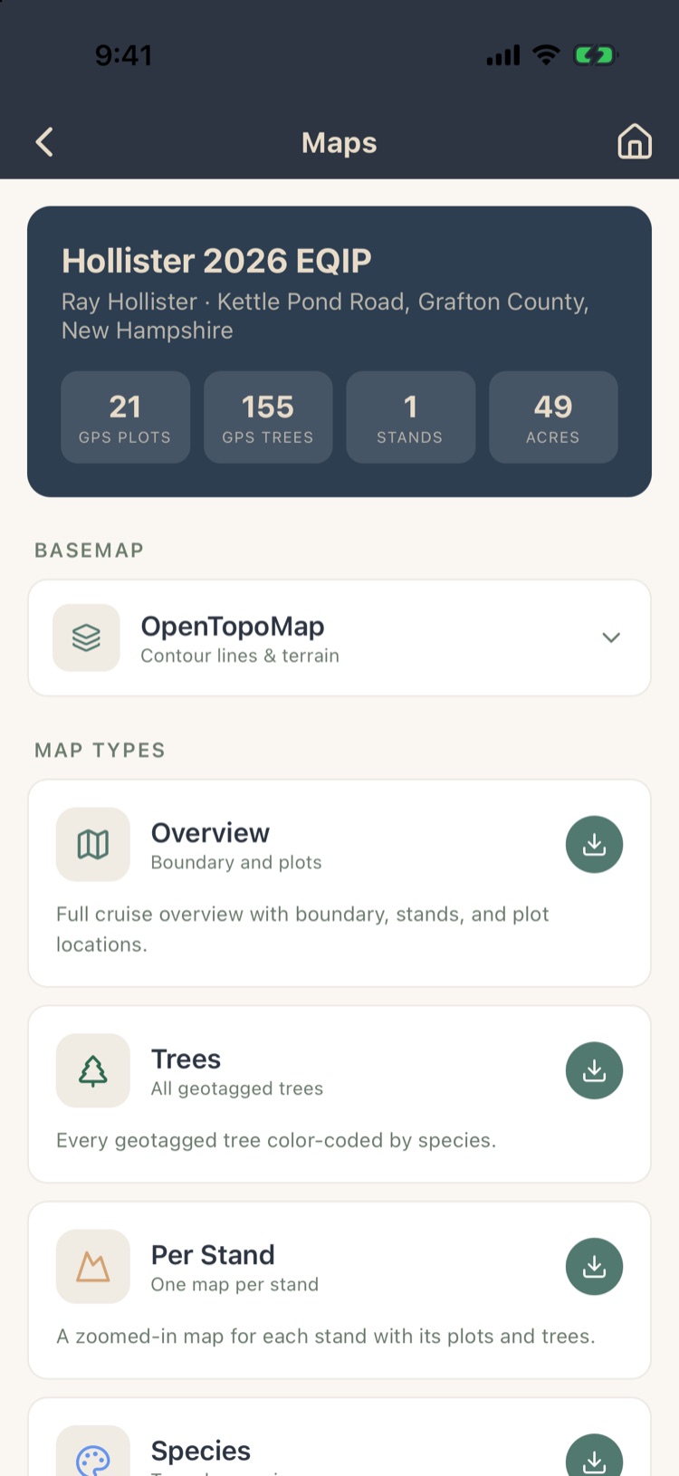 Maps export screen with project stats, basemap choice and map types Overview, Trees, Per Stand, Species