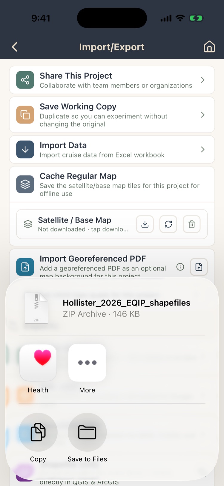 Share sheet for a zipped shapefile export with Copy and Save to Files