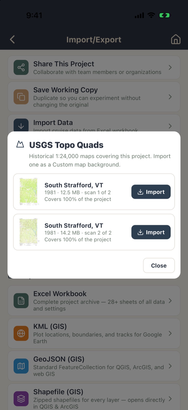 USGS Topo Quads list with two 1981 South Strafford, VT scans and Import buttons