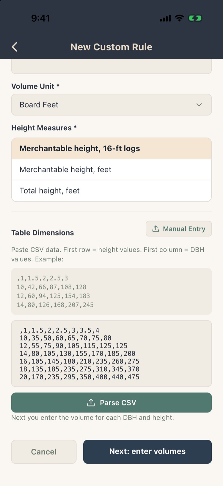 New Custom Rule: Loblolly Pine Sawtimber in board feet by 16-foot logs, with a table pasted as CSV