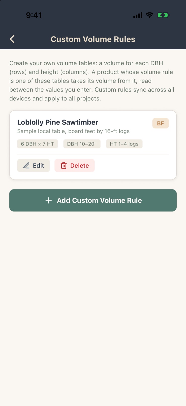 Custom Volume Rules list with Loblolly Pine Sawtimber, BF, 6 DBH by 7 heights, DBH 10 to 20 inches, 1 to 4 logs