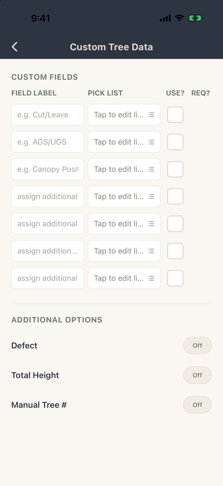 Custom Tree Data with seven field slots and Defect, Total Height and Manual Tree # switches