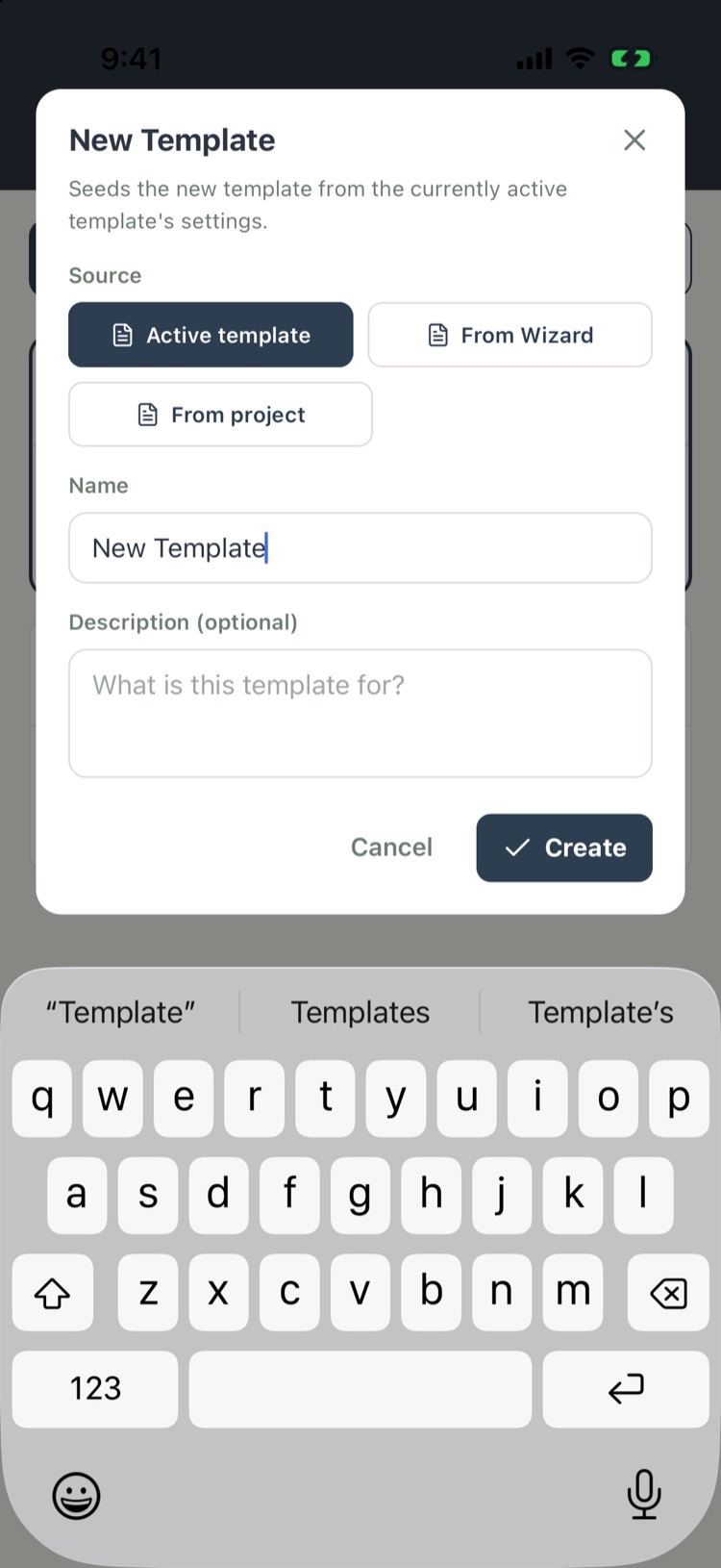 New Template dialog: source active template, from wizard or from project; name and description