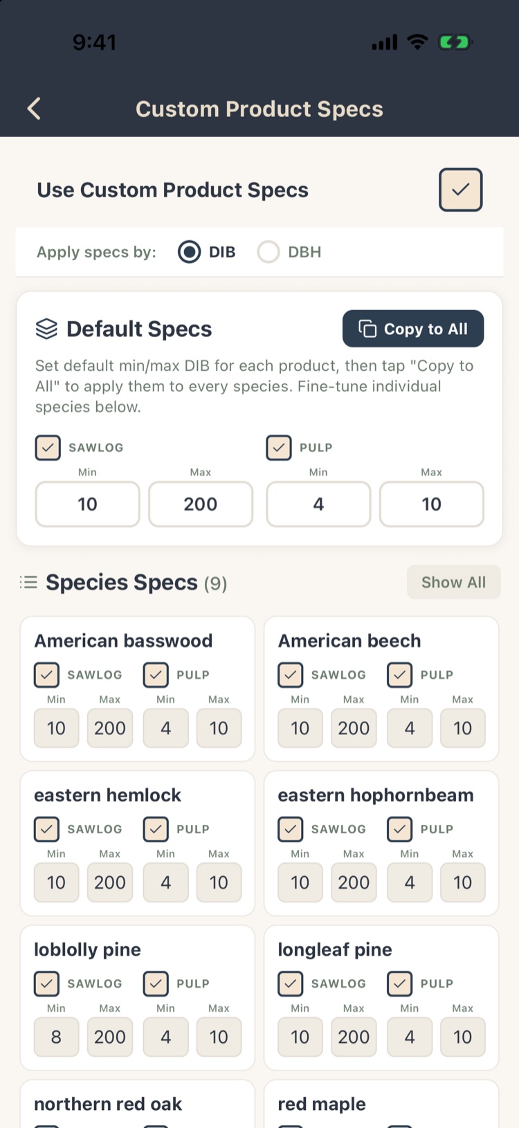 Custom Product Specs by DIB: default sawlog 10 to 200 inches and pulp 4 to 10, copied to every species, with loblolly pine's sawlog minimum lowered to 8