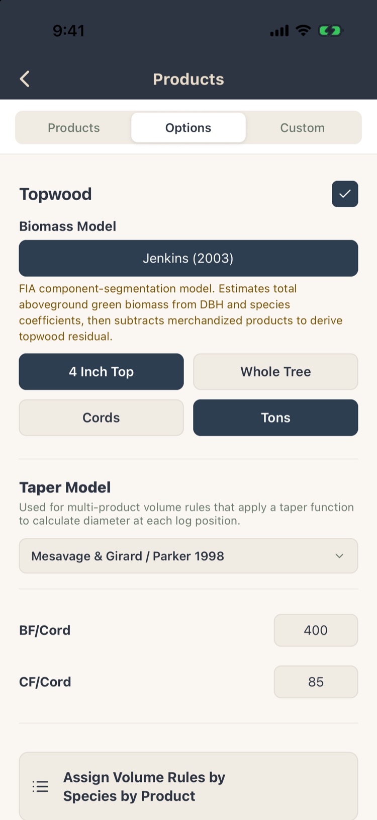 Product options: topwood with Jenkins biomass, 4 inch top, tons, taper model Mesavage and Girard / Parker 1998, BF/cord 400, CF/cord 85