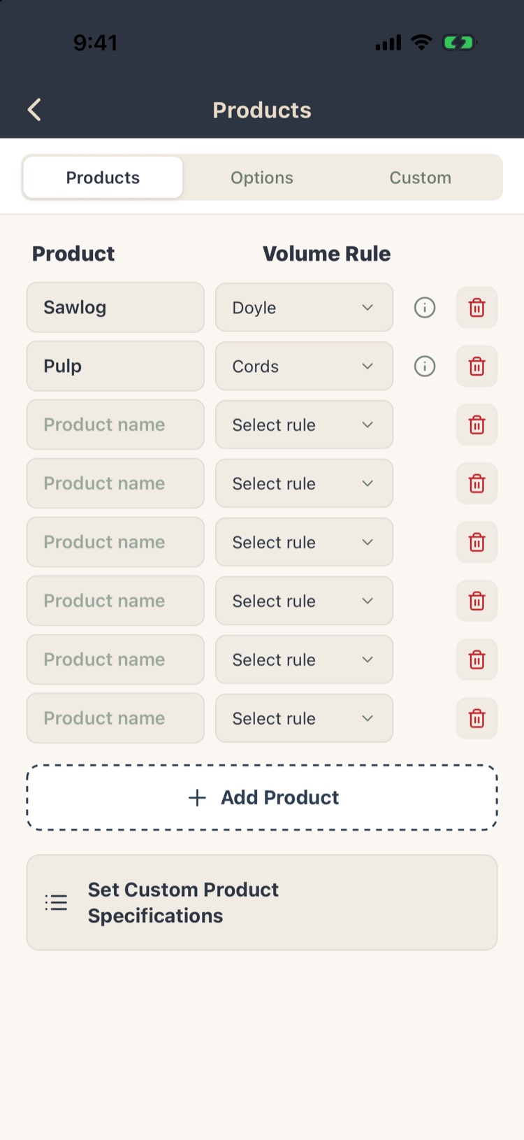 Products tab with Sawlog Doyle and Pulp Cords, Add Product and Custom Product Specifications