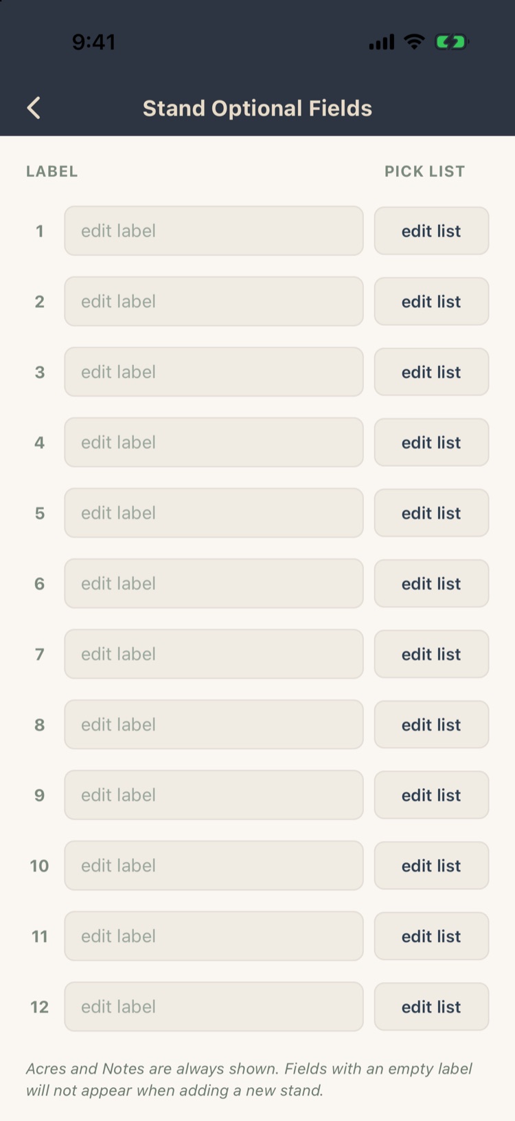 Stand Optional Fields with 12 label and pick list slots