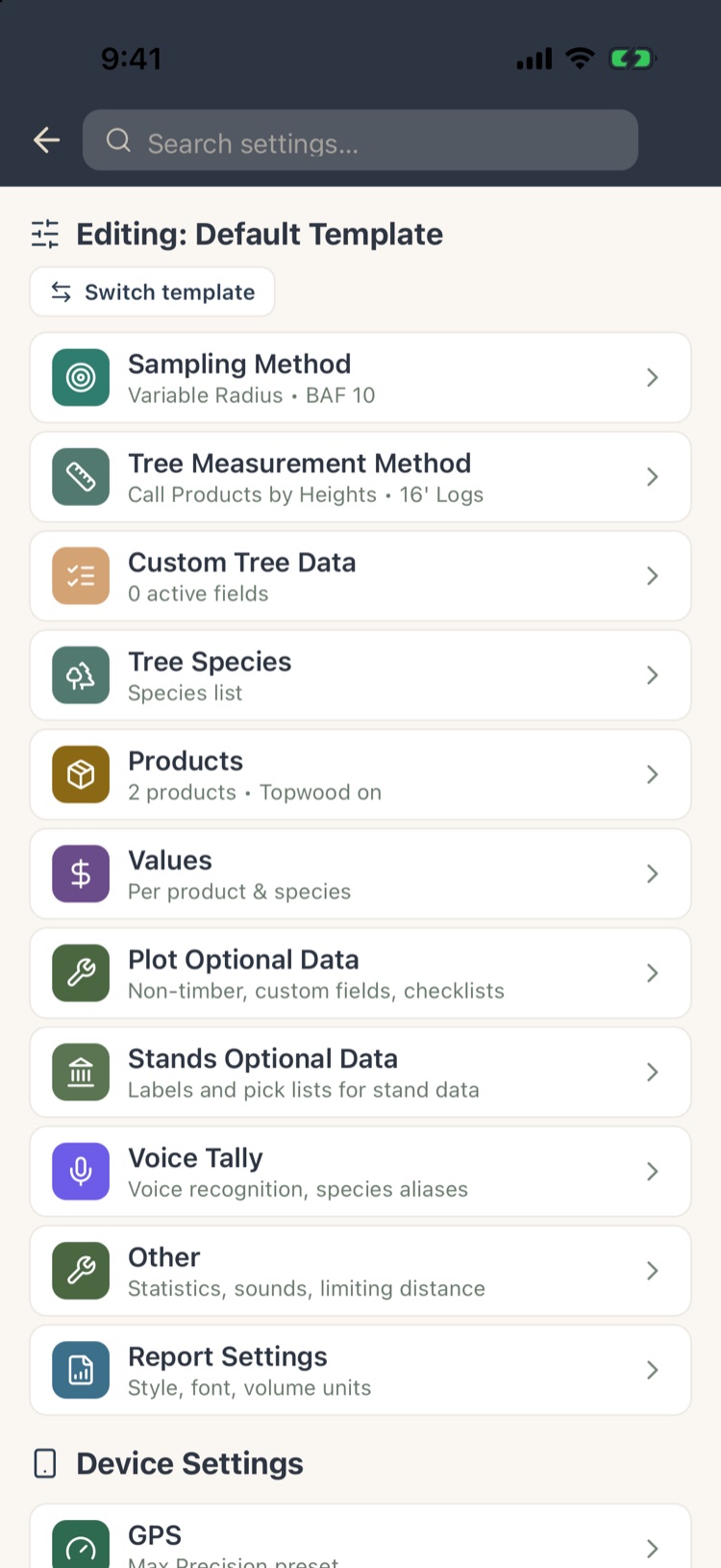 Settings list while editing Default Template, starting with Sampling Method