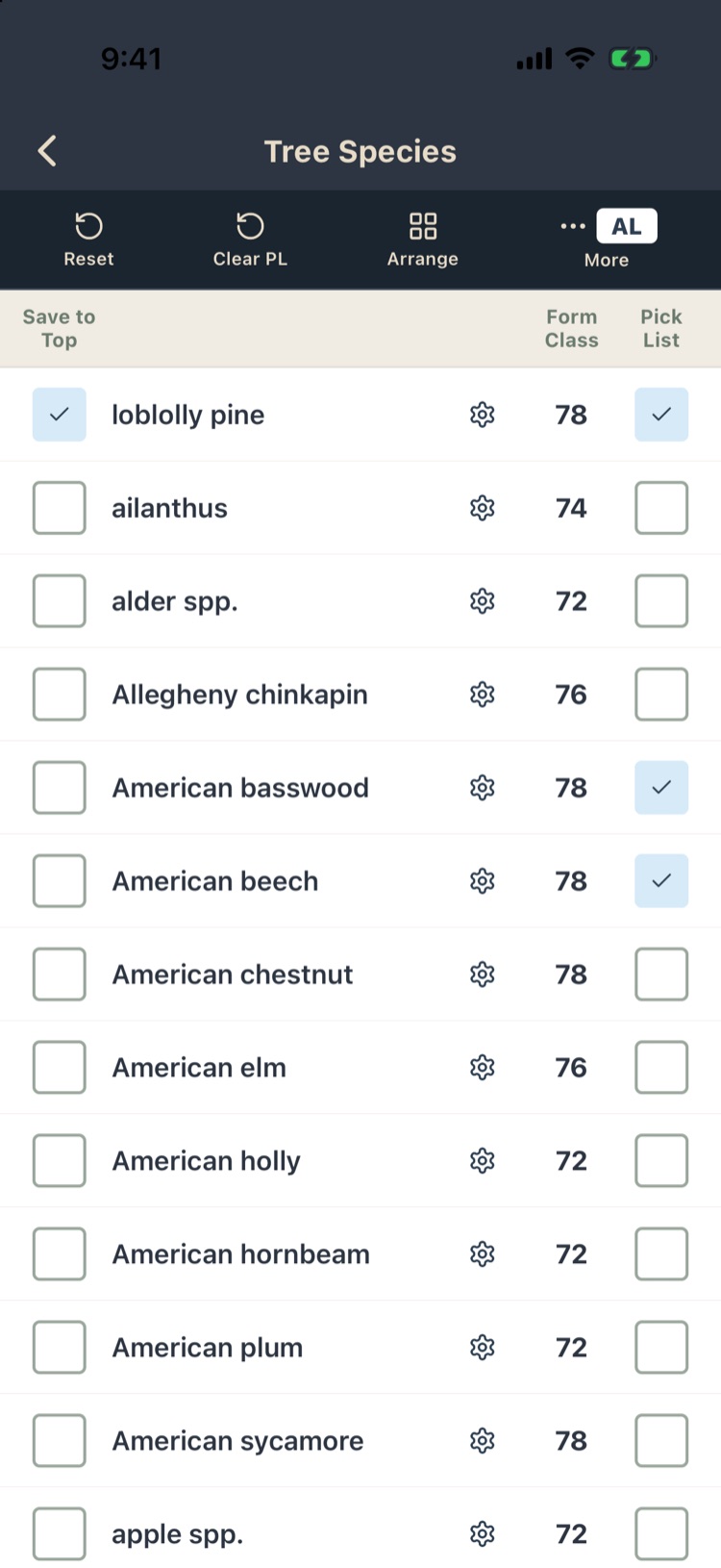 Tree Species list for Alabama (AL): loblolly pine saved to the top and on the pick list, form class 78, then the rest alphabetically