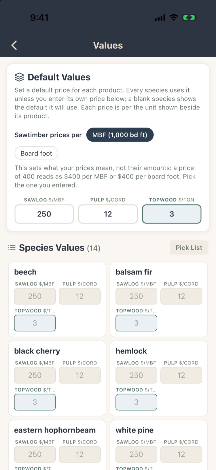 Values: default sawlog $250/MBF, pulp $12/cord, topwood $3/ton, and species values