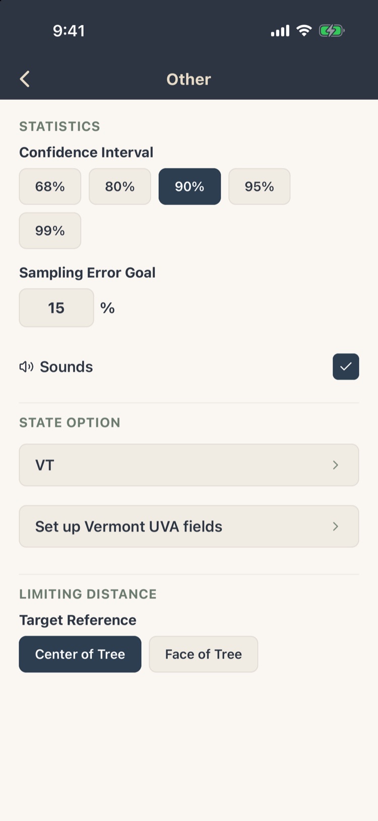 Other settings: confidence interval 90%, sampling error goal 15%, sounds, state option VT, limiting distance target center of tree