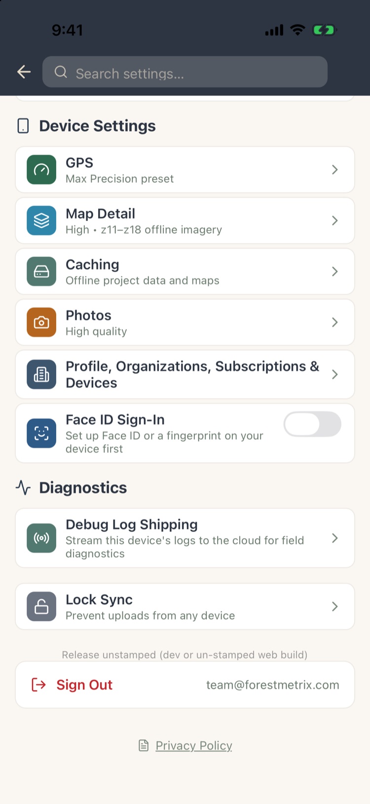 Device settings: GPS, Map Detail, Caching, Photos, Profile Organizations Subscriptions and Devices, Face ID, Debug Log Shipping, Lock Sync, Sign Out