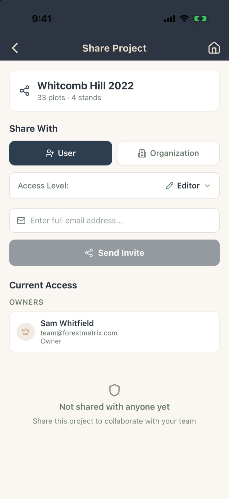 Share Project for Whitcomb Hill 2022 with User and Organization, access level Editor, email box and current access