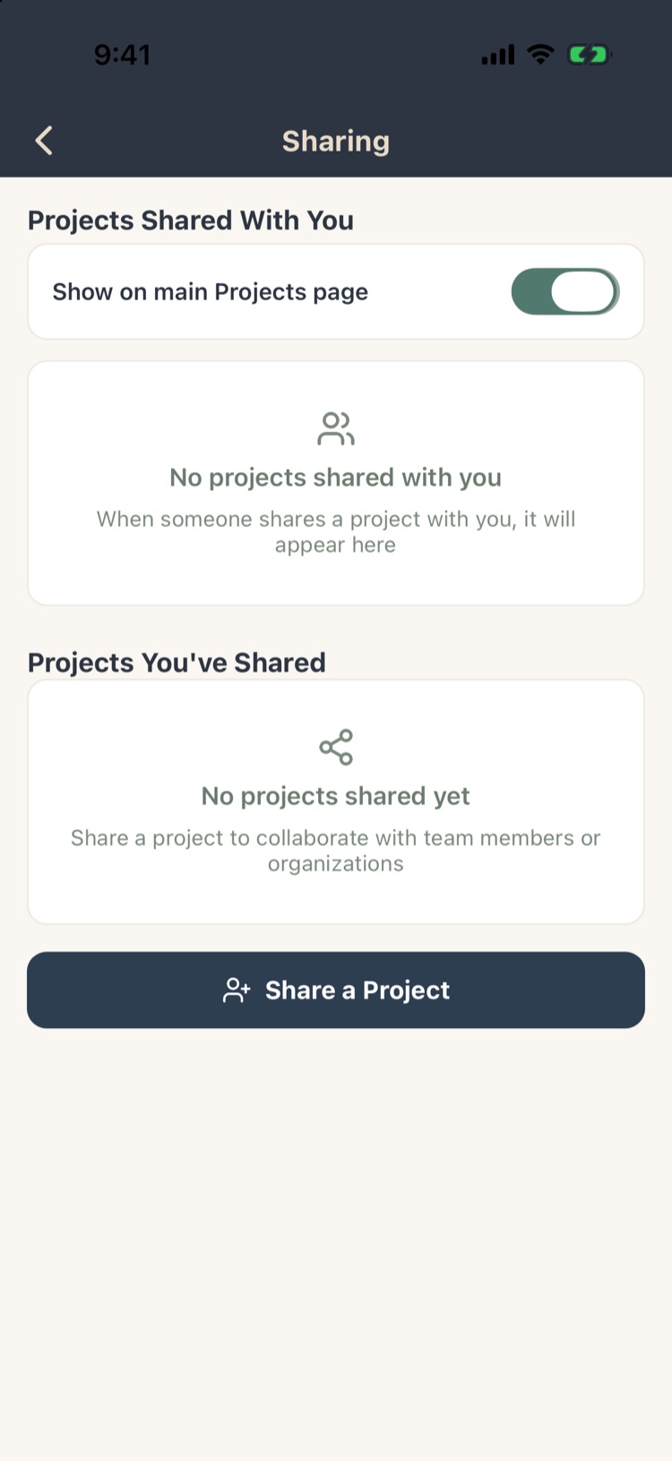 Sharing screen with projects shared with you, projects you've shared and Share a Project