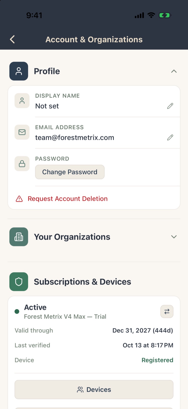 Account and Organizations: profile with display name, email, change password and request account deletion; your organizations; subscriptions and devices