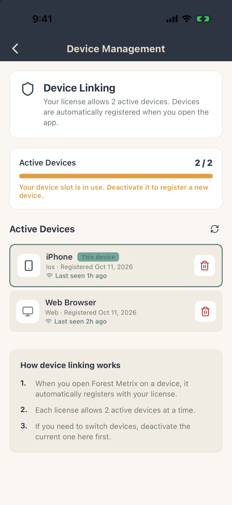 Device Management: 2 of 2 active devices, an iPhone (this device) and a web browser, with delete buttons