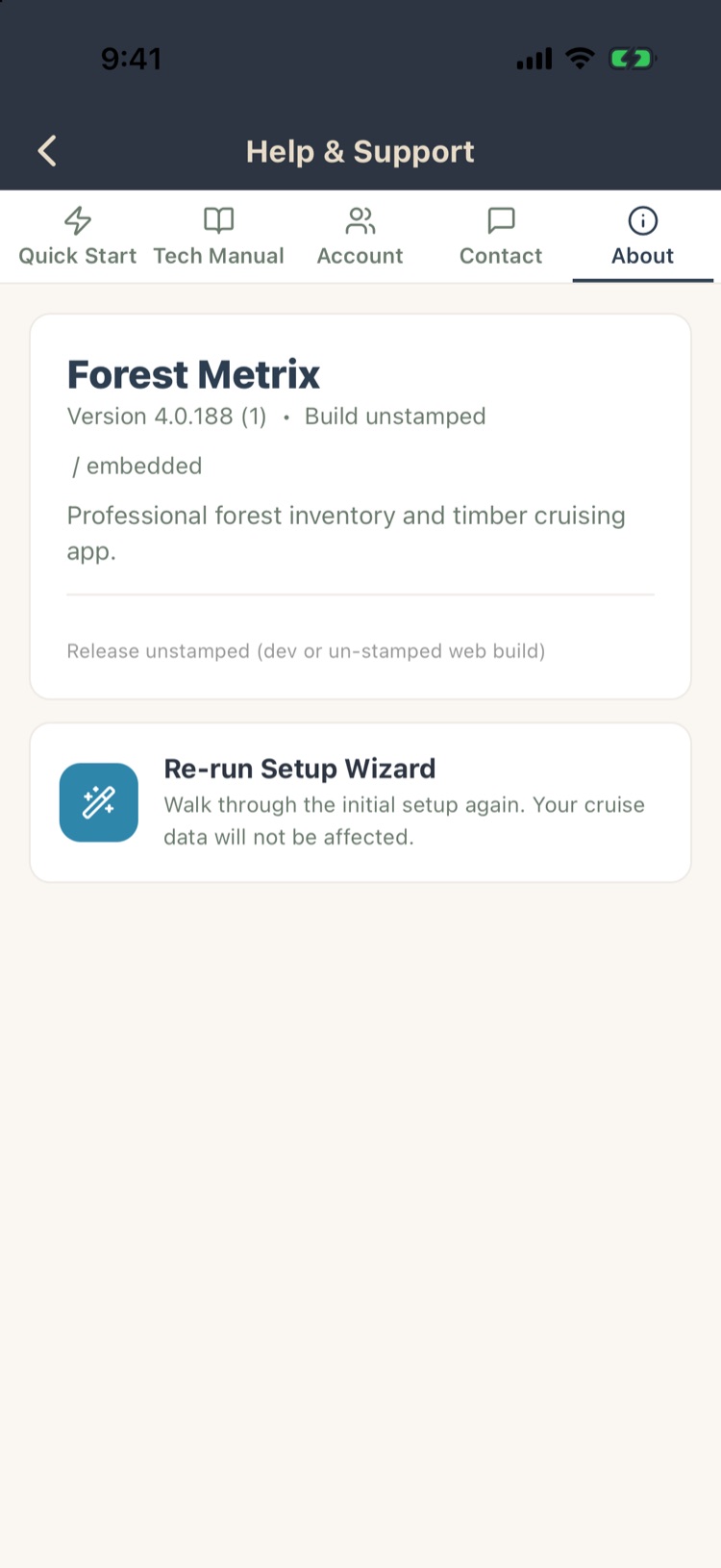 Help About tab with version and Re-run Setup Wizard