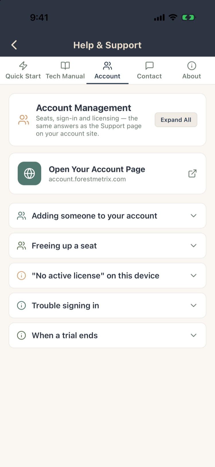 Help Account tab with account management topics and Open Your Account Page