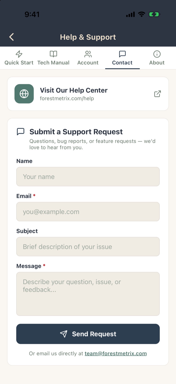 Help Contact tab with help center link and support request form