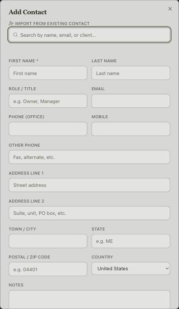 Add Contact dialog with fields for name, role, email, phones, address, country and notes