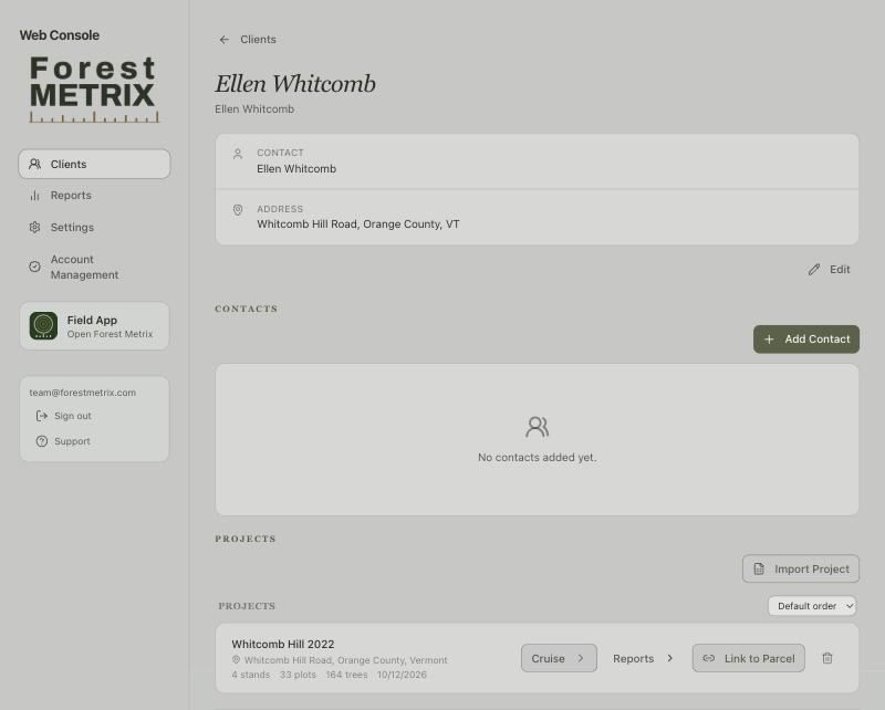 Client page for Ellen Whitcomb with contact and address, an empty Contacts list, and the Whitcomb Hill 2022 project with Cruise, Reports and Link to Parcel buttons