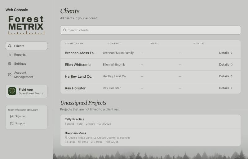 Clients page with four clients and an Unassigned Projects list below