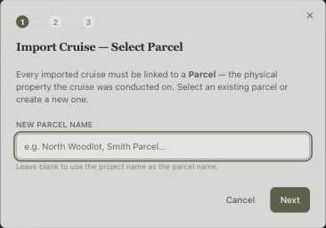Import Cruise step 1, Select Parcel, with a new parcel name box and Cancel and Next