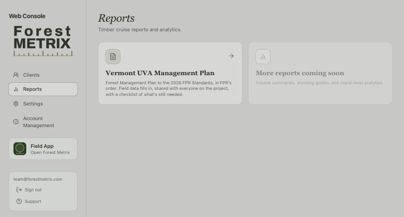 Reports page with the Vermont UVA Management Plan card