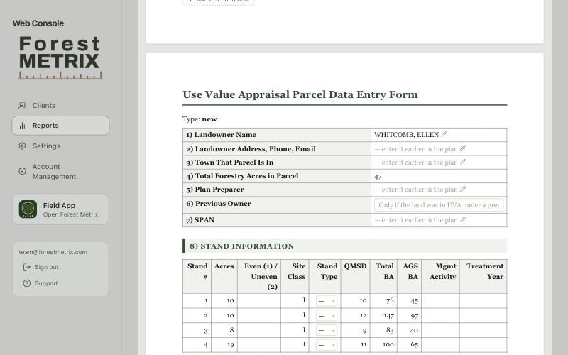 Use Value Appraisal Parcel Data Entry Form with the landowner, 47 forestry acres, and a stand table with acres, site class, QMSD, total BA and AGS BA filled in