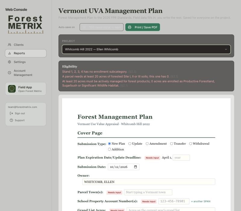 The plan for Whitcomb Hill 2022: Auto-save on, the need-input button, Print / Save PDF, the Eligibility box and the Cover Page with Needs input tags